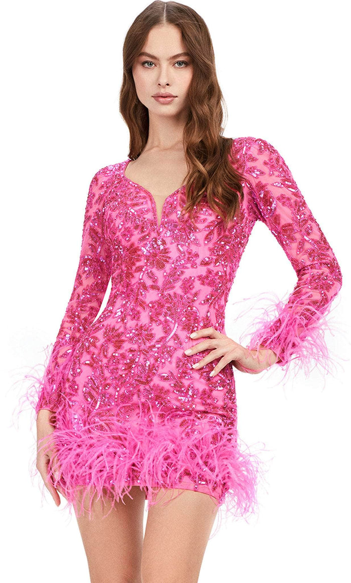 Ashley Lauren 4616 - Long Sleeve Embellished Cocktail Dress Cocktail Dresses 0 / Hot Pink