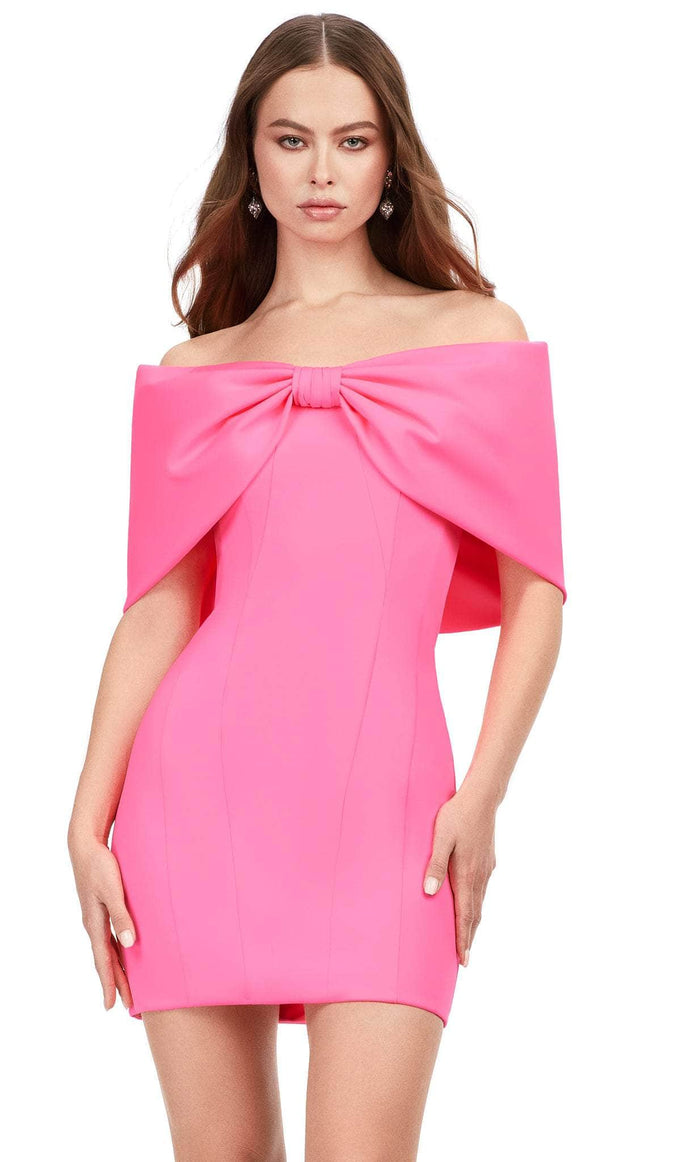Ashley Lauren 4640 - Off-Shoulder Bow Detail Cocktail Dress Cocktail Dresses 00 / Hot Pink