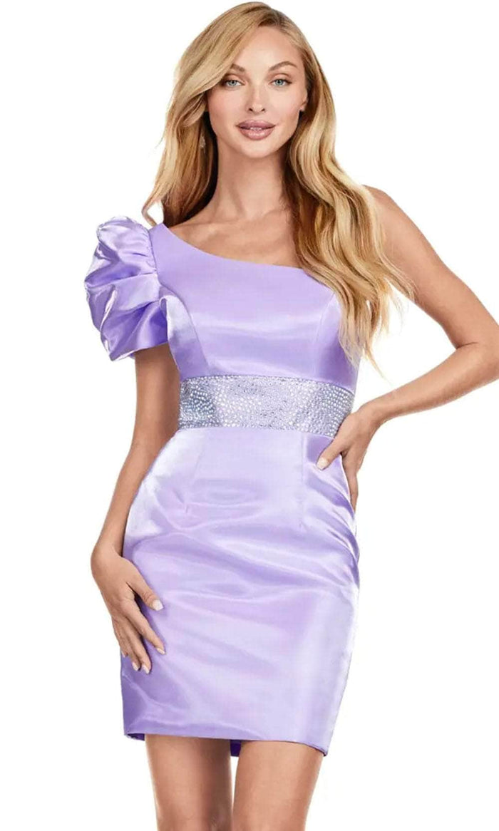 Ashley Lauren 4647 - One Shoulder Puff Sleeve Short Dress Cocktail Dresses 0 / Orchid