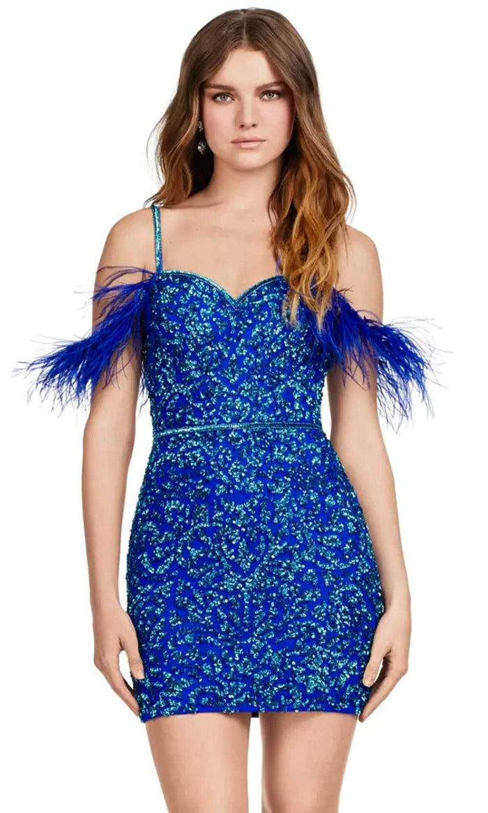 Ashley Lauren 4651 - Beaded Cocktail Dress with Feather Cocktail Dresses 00 / Turquoise/Royal
