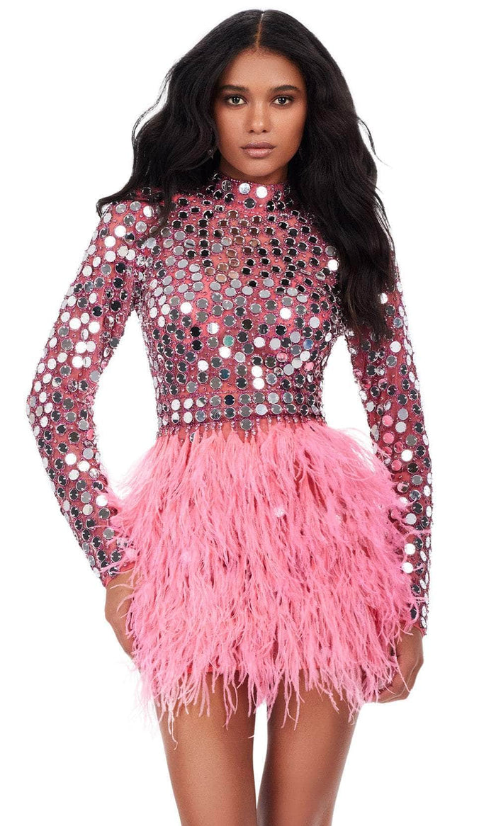 Ashley Lauren 4673 - Long Sleeve Mirror Embellished Cocktail Dress Cocktail Dresses 0 / Pink