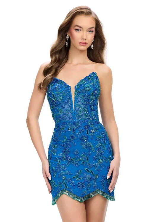 Ashley Lauren 4703 - Floral Beaded V-Neck Cocktail Dress