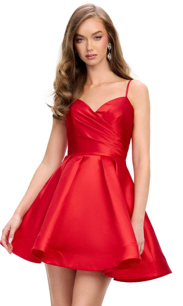 ballerina style homecoming dress Berylove Women Red Homecoming Dress One Shoulder Satin Ruffled Bodycon  Cocktail Dress main image 1