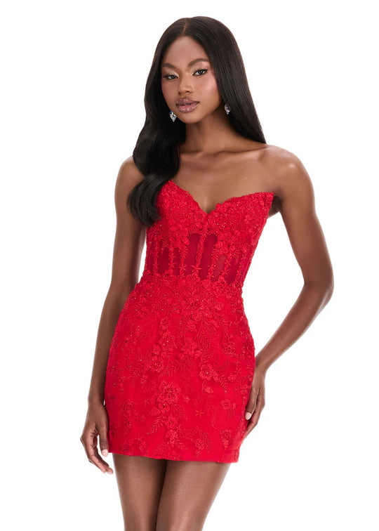 Ashley Lauren 4849 - Strapless Embroidered Applique Mini Dress