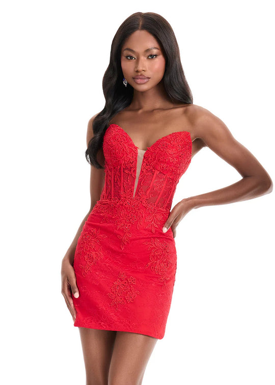 Ashley Lauren 4880 - Plunging Lace Illusion Mini Dress