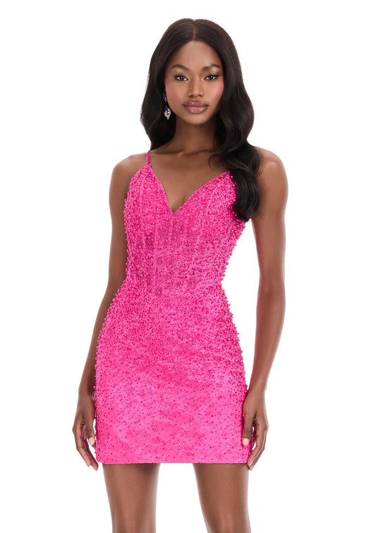 Ashley Lauren 4925 - Short V-Neck Dress with Pearl Beading