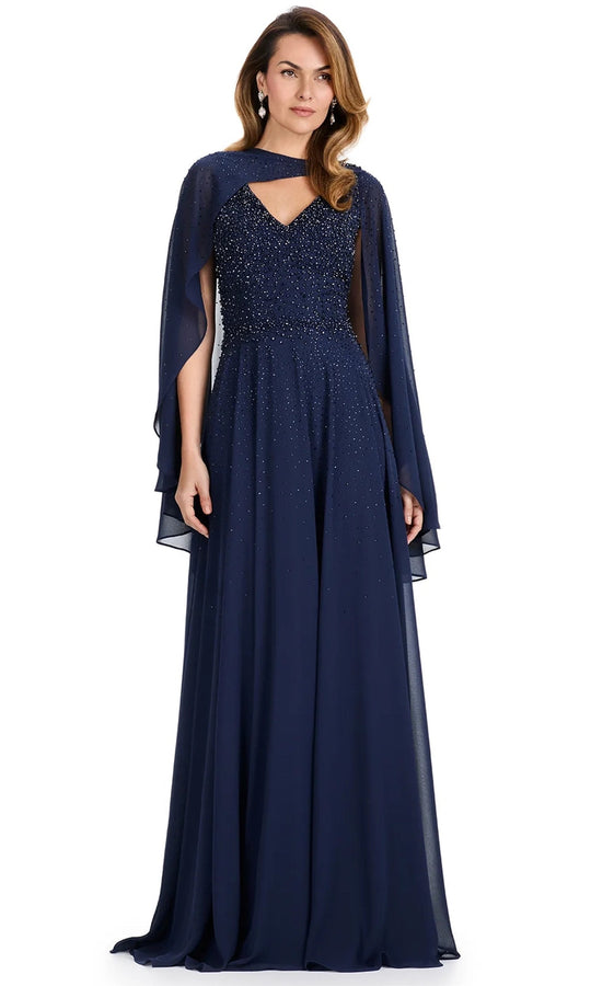 Ashley Lauren E12092 - Beaded Bodice Cape Sleeve Chiffon Dress