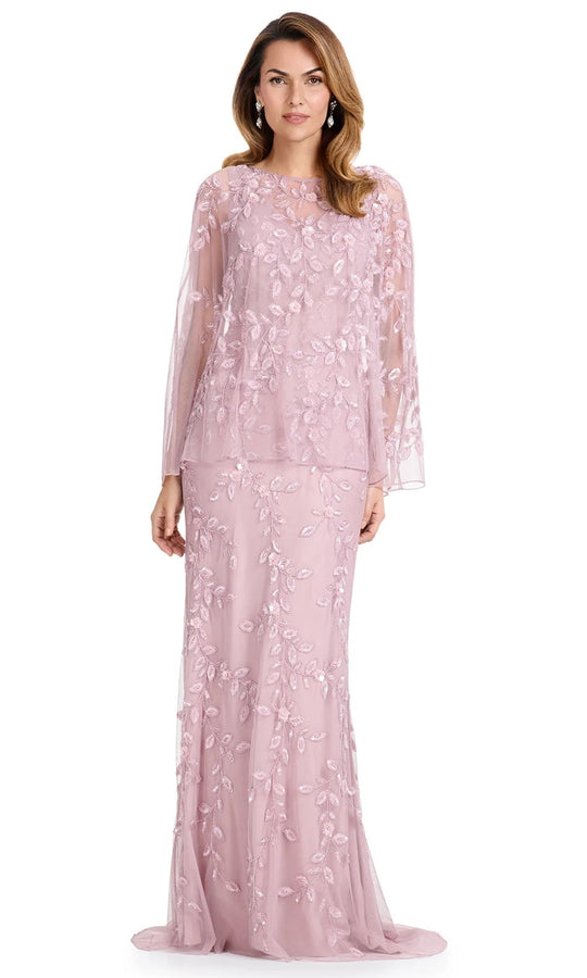 Ashley Lauren E12095 - Leaf Beaded Applique Cape Sleeve Dress