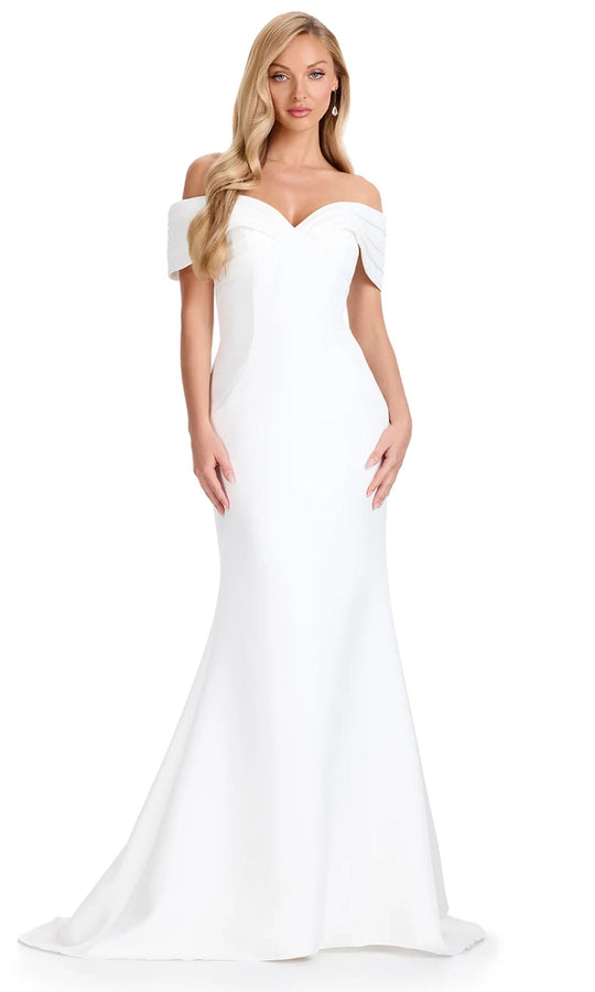 Ashley Lauren E12097 - Pleated Off-Shoulder Satin Long Dress
