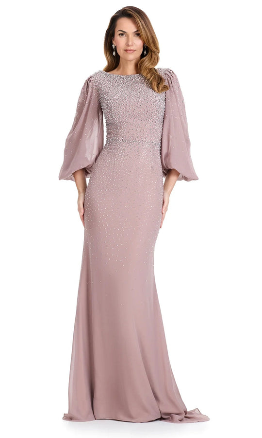 Ashley Lauren E12106 - Long Blouson Sleeve Beaded Formal Gown