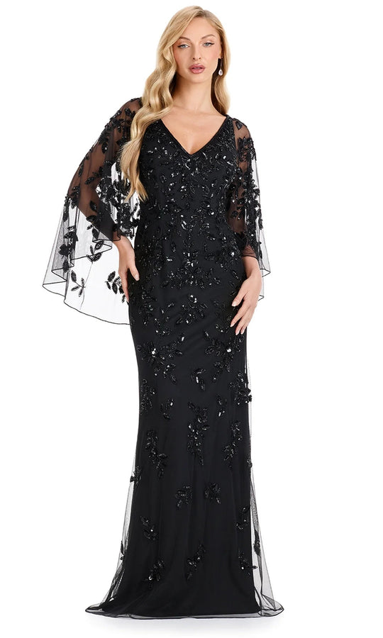 Ashley Lauren E12128 - Illusion Cape Sleeve Beaded Column Dress