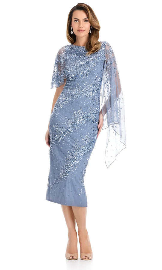 Ashley Lauren E12141 - Asymmetric Cape Beaded Tea-Length Dress