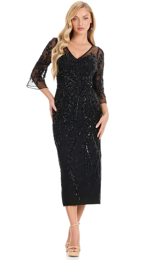Ashley Lauren E12143 - Beaded Applique Illusion V-Neck Midi Dress