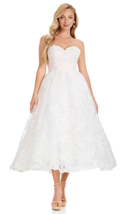 Ashley Lauren E4913 - Sweetheart Neckline Floral Lace Midi Dress