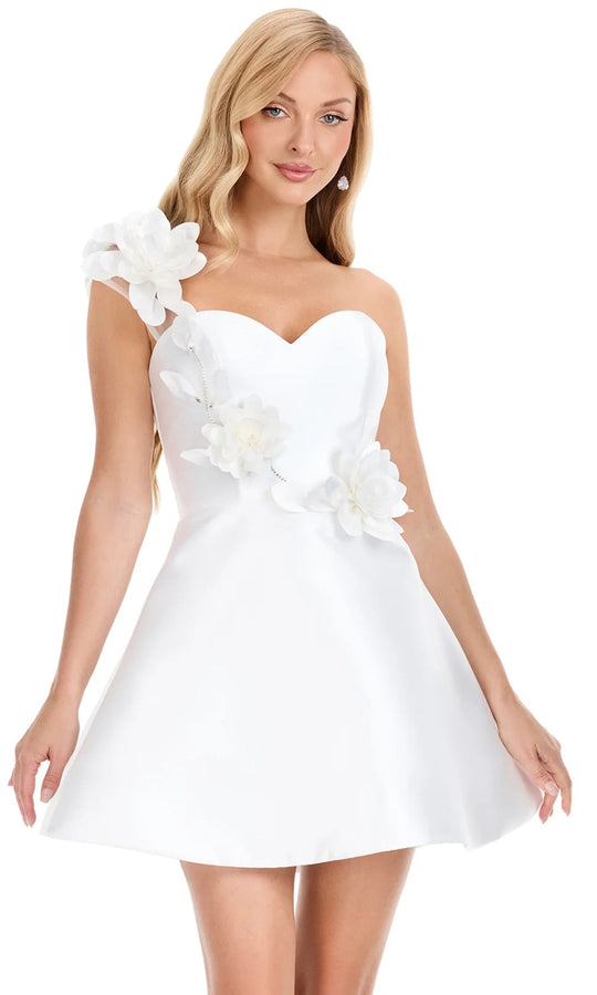 Ashley Lauren E4914 - 3D Floral Applique One Shoulder Mini Dress
