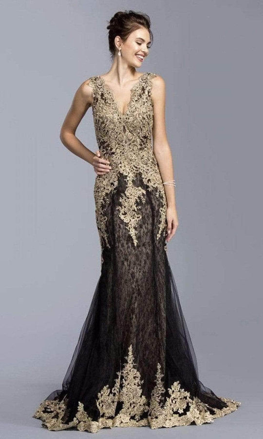 Aspeed Design - L2009 Applique V-Neck Evening Dress