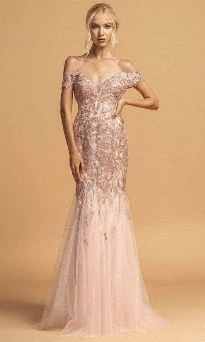 Aspeed Design - L2091 Off Shoulder Trumpet Prom Gown Evening Dresses S / Blush