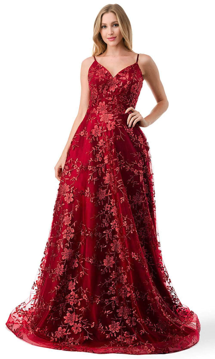Aspeed Design L2764B - Floral Tulle Prom Dress Special Occasion Dress XS / Burgundy