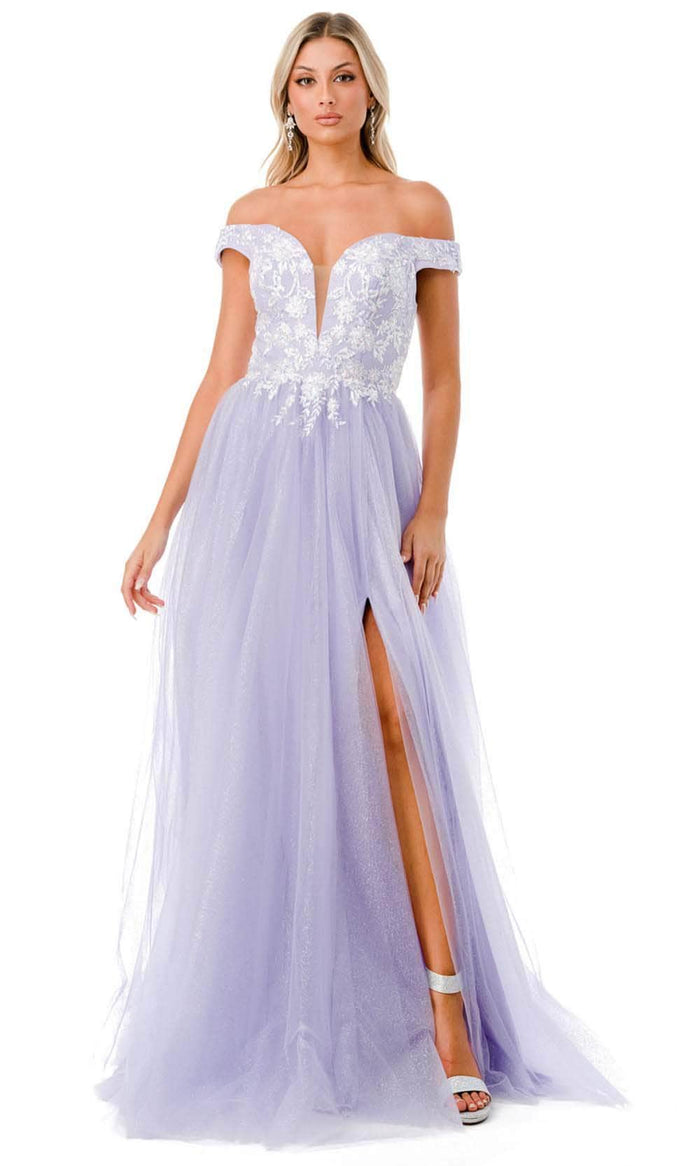 Aspeed Design L2770T - Off Shoulder Tulle Prom Dress Special Occasion Dress XS / Lilac