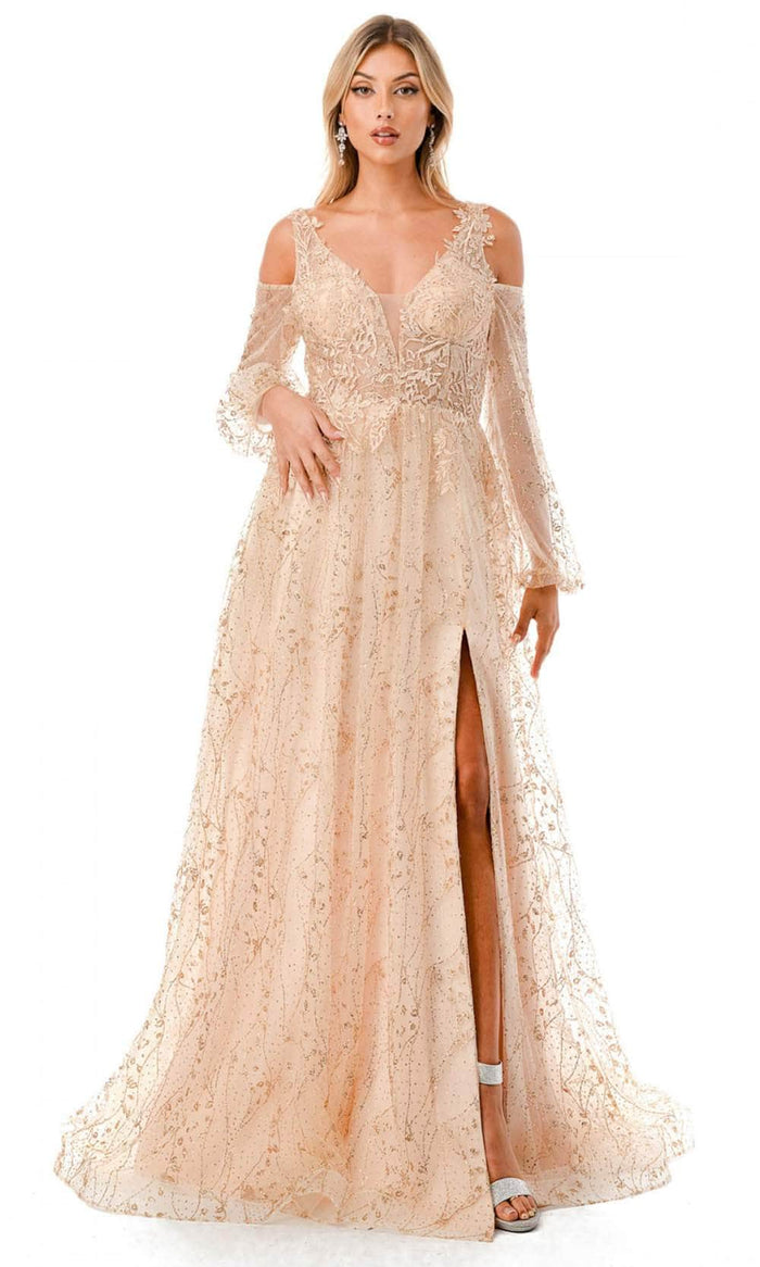 Aspeed Design L2772T - Glitter Cold Shoulder Evening Gown Special Occasion Dress S / Champagne