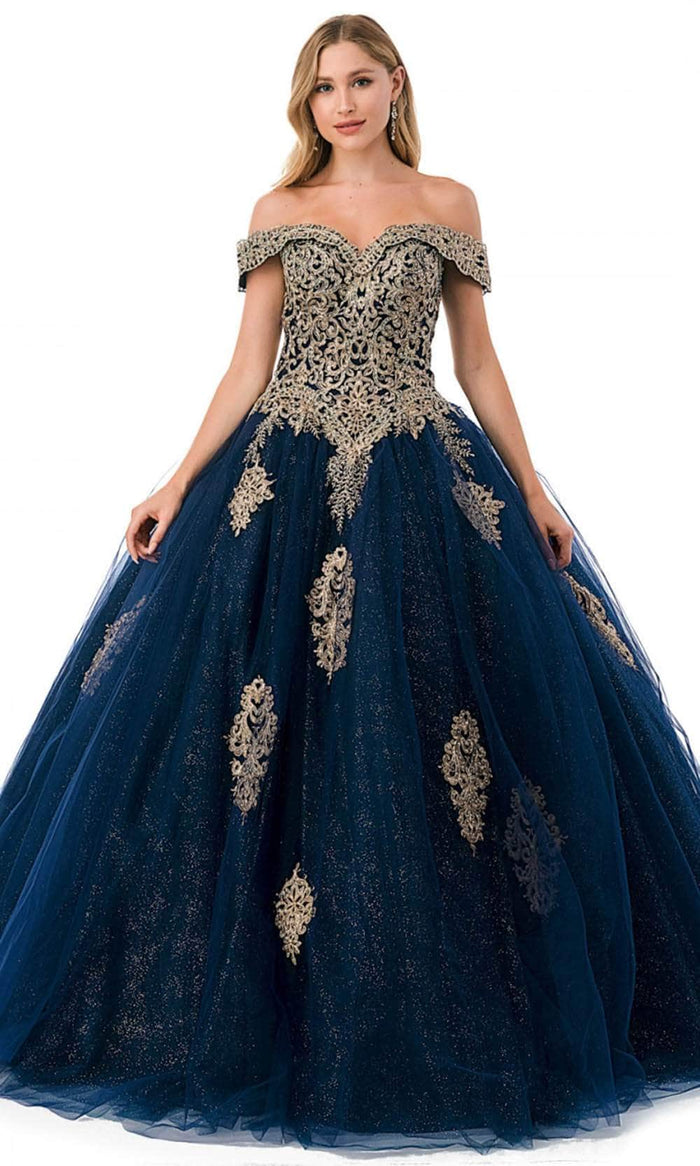 Aspeed Design L2779C - Off-Shoulder Embroidered Ballgown Ball Gowns XS / Navy