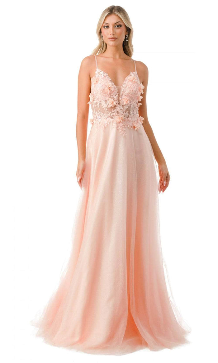 Aspeed Design L2782A - Appliqued Plunging V-Neck Evening Gown Special Occasion Dress XS / Blush