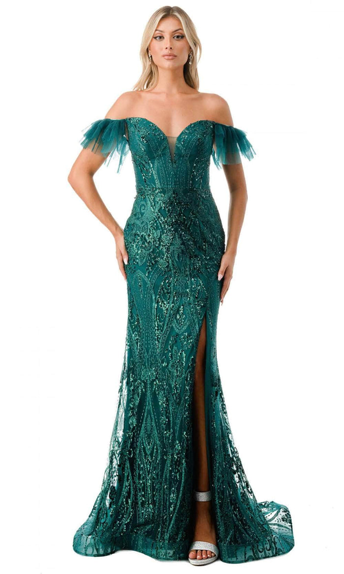 Aspeed Design L2786F - Ruffled Sleeve Embellished Evening Gown Special Occasion Dress XS / Hunter Green