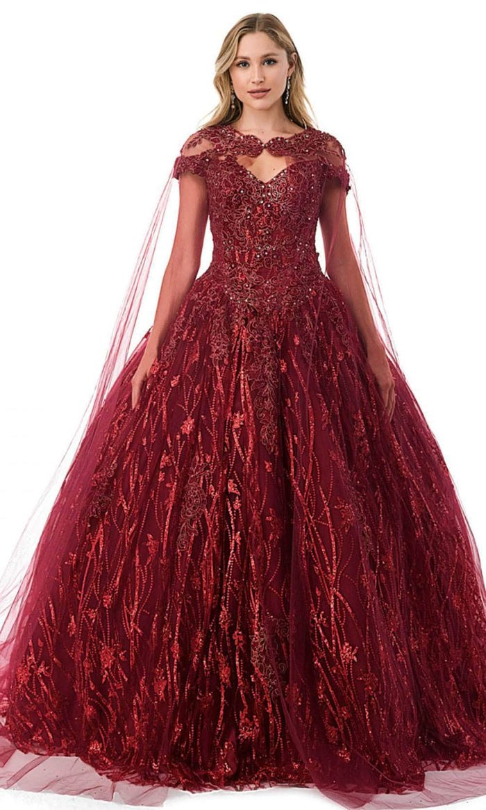 Aspeed Design L2804C - Off Shoulder Beaded Ballgown With Cape Special Occasion Dress XS / Burgundy