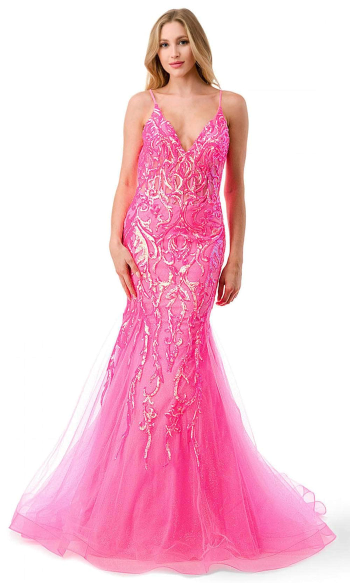 Aspeed Design L2807M - Illusion Corset Sequin Evening Gown Special Occasion Dress XS / Hot Pink