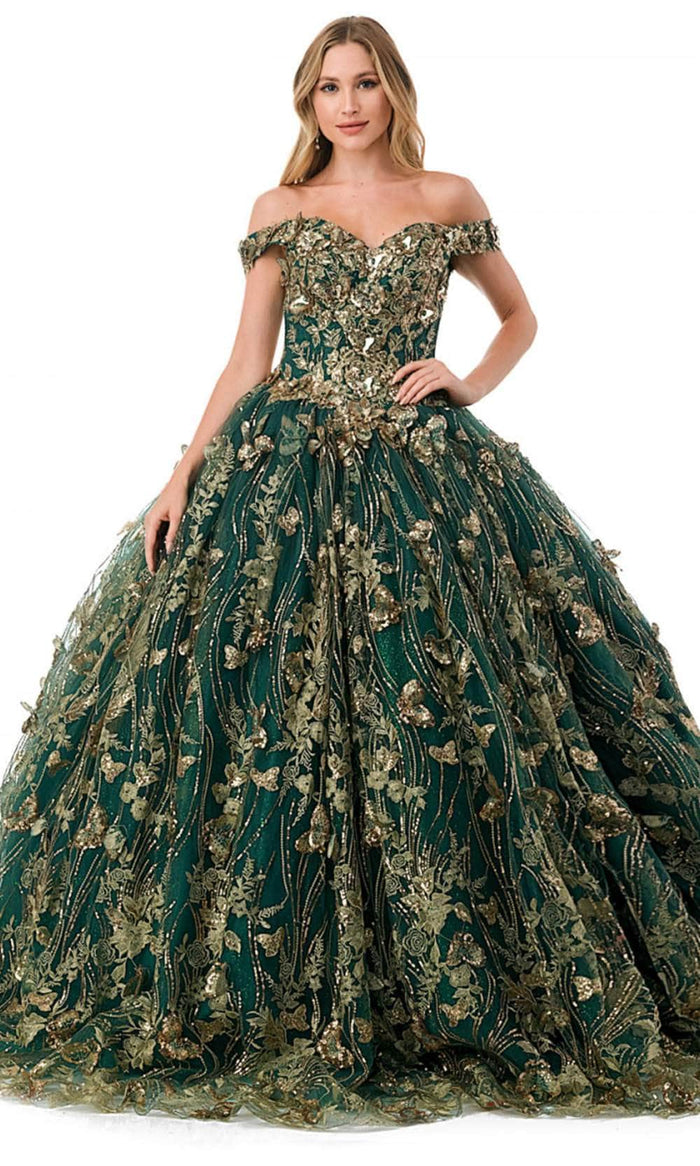 Aspeed Design L2817C - Gilt Applique Ballgown Special Occasion Dress XS / Hunter Green