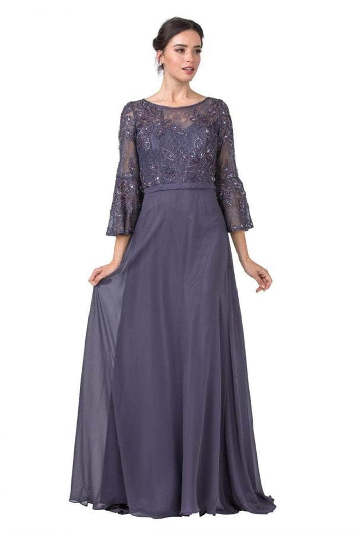 Aspeed Design M2346 - Lace Illusion Quarter Sleeve Formal Gown Special Occasion Dress L / Blue