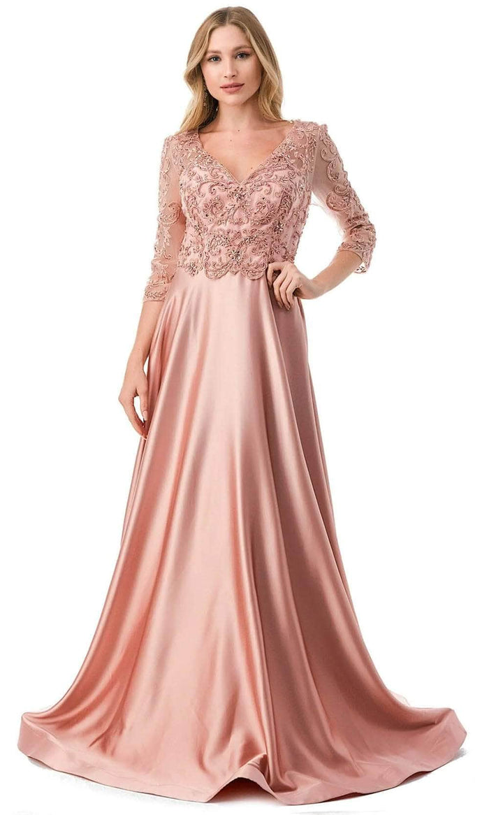 Aspeed Design M2734F - Embroidered Quarter Sleeve Formal Dress Special Occasion Dress M / Dusty Pink