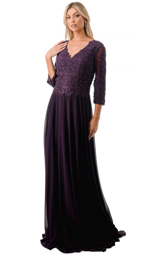 Aspeed Design M2758Q -Sheer Quarter Sleeve Beaded Evening Gown XL / Eggplant
