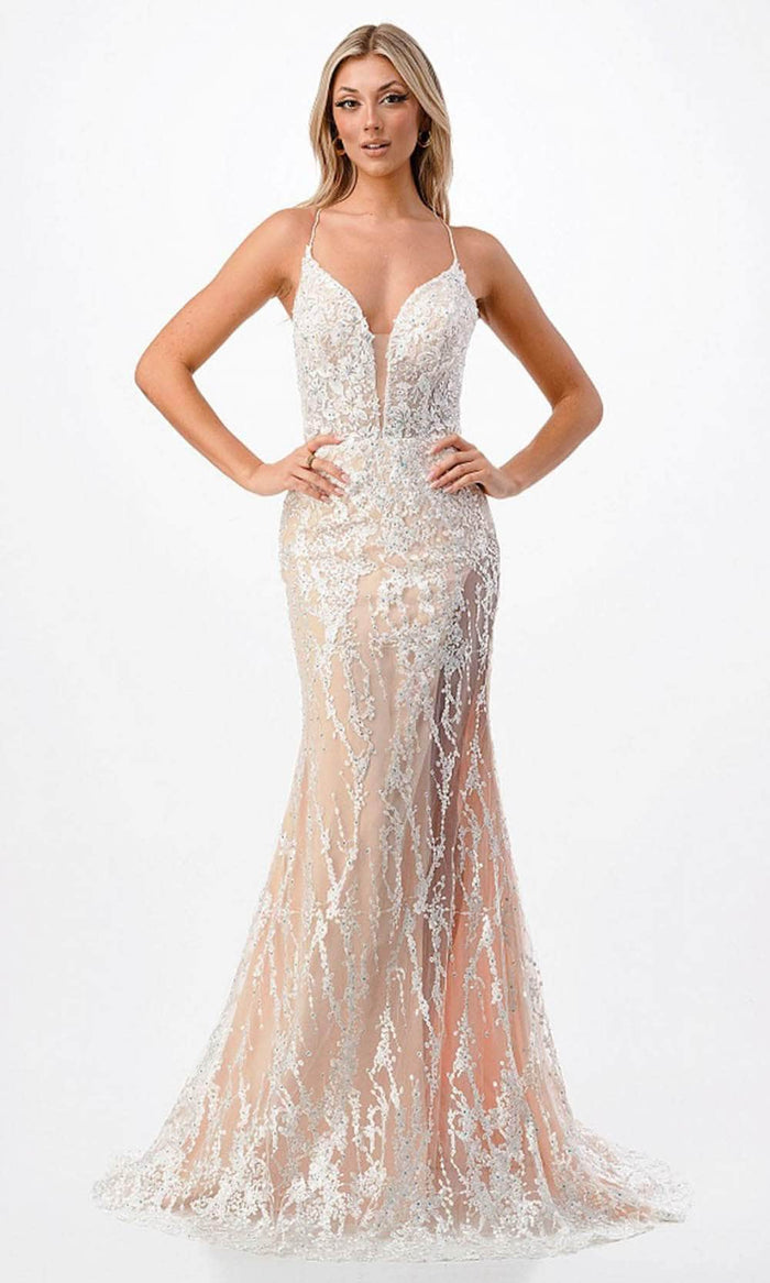 Aspeed Design P2211 - Plunging Embroidered Sleeveless Prom Dress Evening Dresses XS / White-Nude
