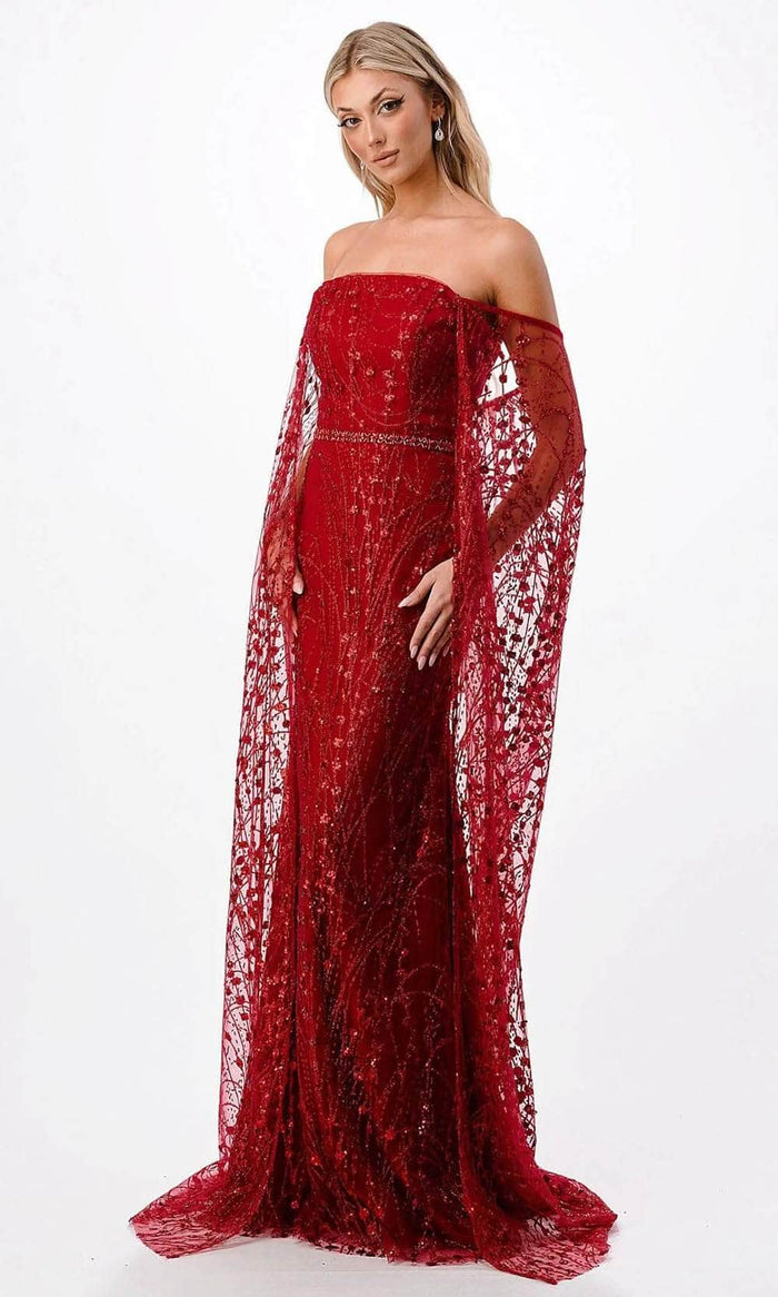 Aspeed Design P2300 - Glitter Off Shoulder Evening Gown Formal Gowns XS / Burgundy