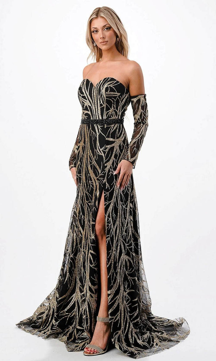 Aspeed Design P2304 - Glitter Print Evening Gown Evening Dresses XS / Black Gold