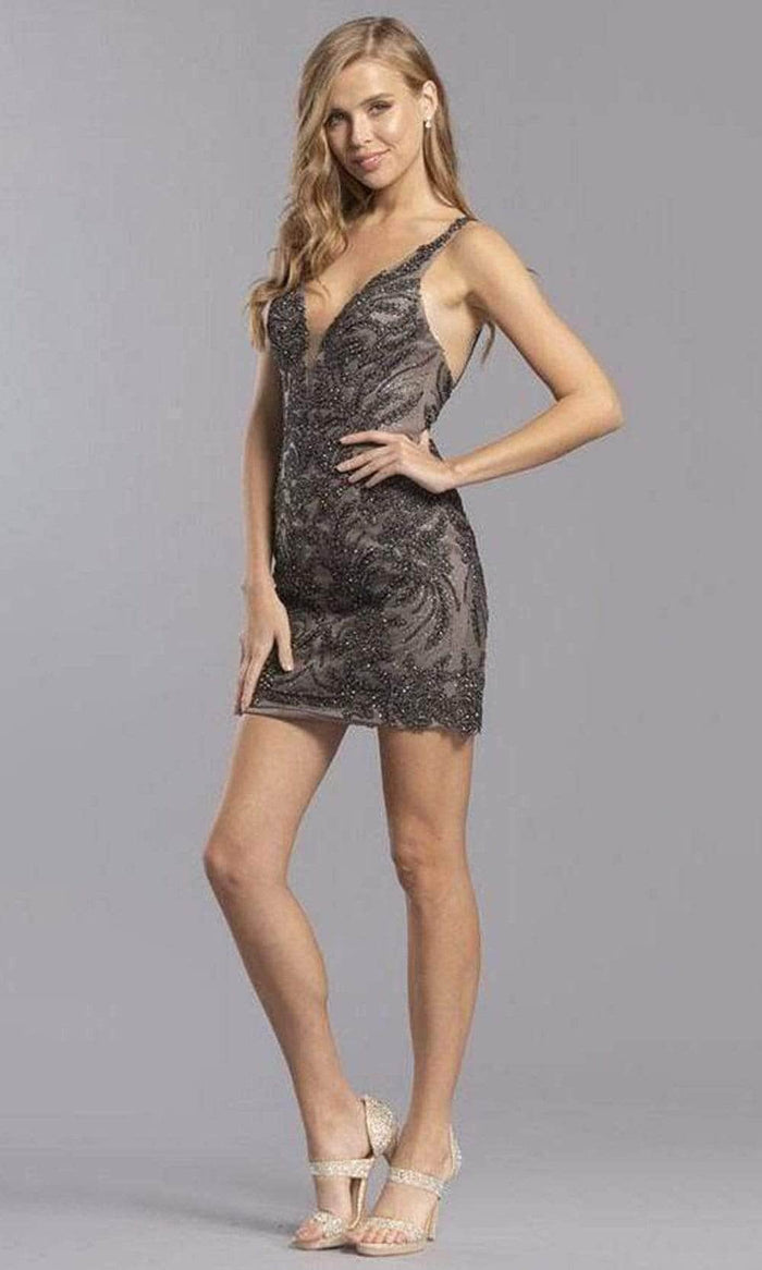 Aspeed Design - S2326 Glitter Plunging V-Neck Cocktail Dress Homecoming Dresses XS / Charcoal
