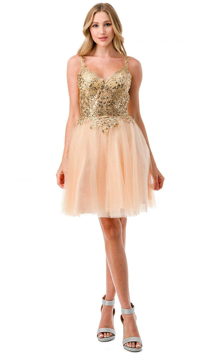 Aspeed Design S2757J - Beaded Appliqued V-Neck Cocktail Dress Special Occasion Dress XS / Champ-Gold