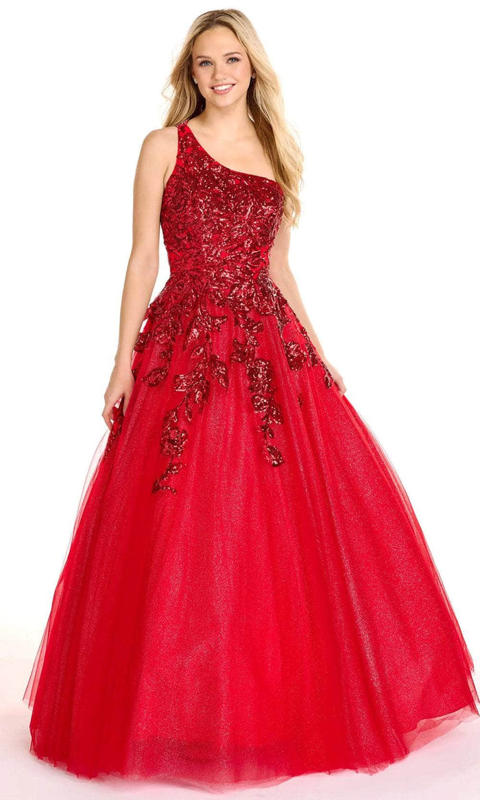Ava Presley 27767 - One Shoulder Sequin Ballgown Special Occasion Dress 00 / Red