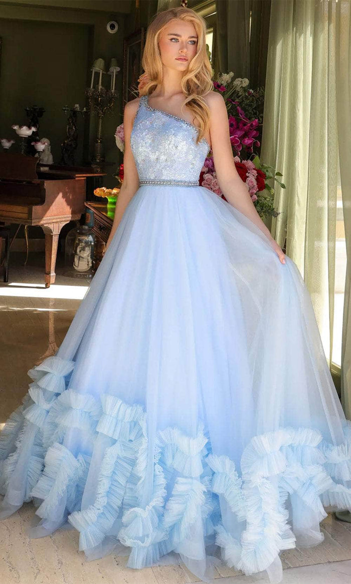 Ava Presley 29527 - Long Tulle A-Line Dress - Sleeveless, One Shoulder, Beaded, Thin Belt, Ruffled Hem, Sequin, Open Back, Sweep Train Couture Candy Ava Presley 29527 - Long Tulle A-Line Dress - Sleeveless, One Shoulder, Beaded, Thin Belt, Ruffled Hem, Sequin, Open Back, Sweep Train Couture Candy