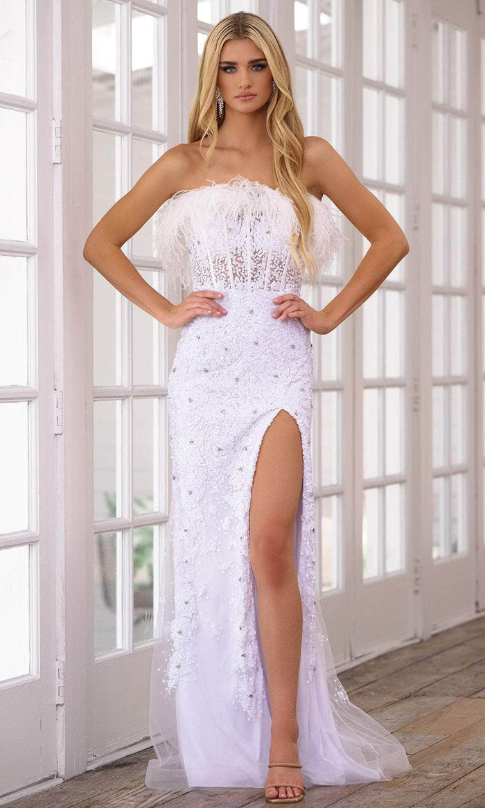 Ava Presley 39231 - Feather Detailed Strapless Prom Dress Special Occasion Dress 00 / White