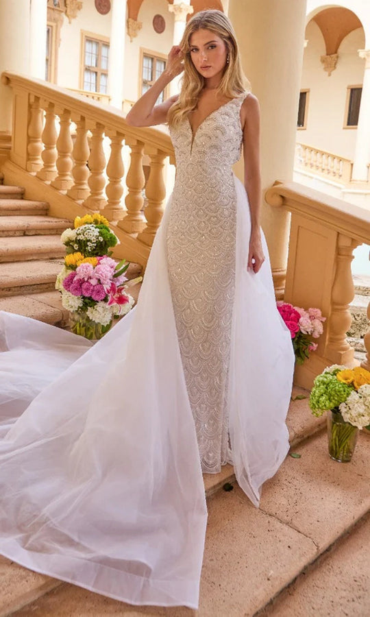 Ava Presley 47224 - Long Beaded Mesh with Tulle Overskirt Sheath Dress