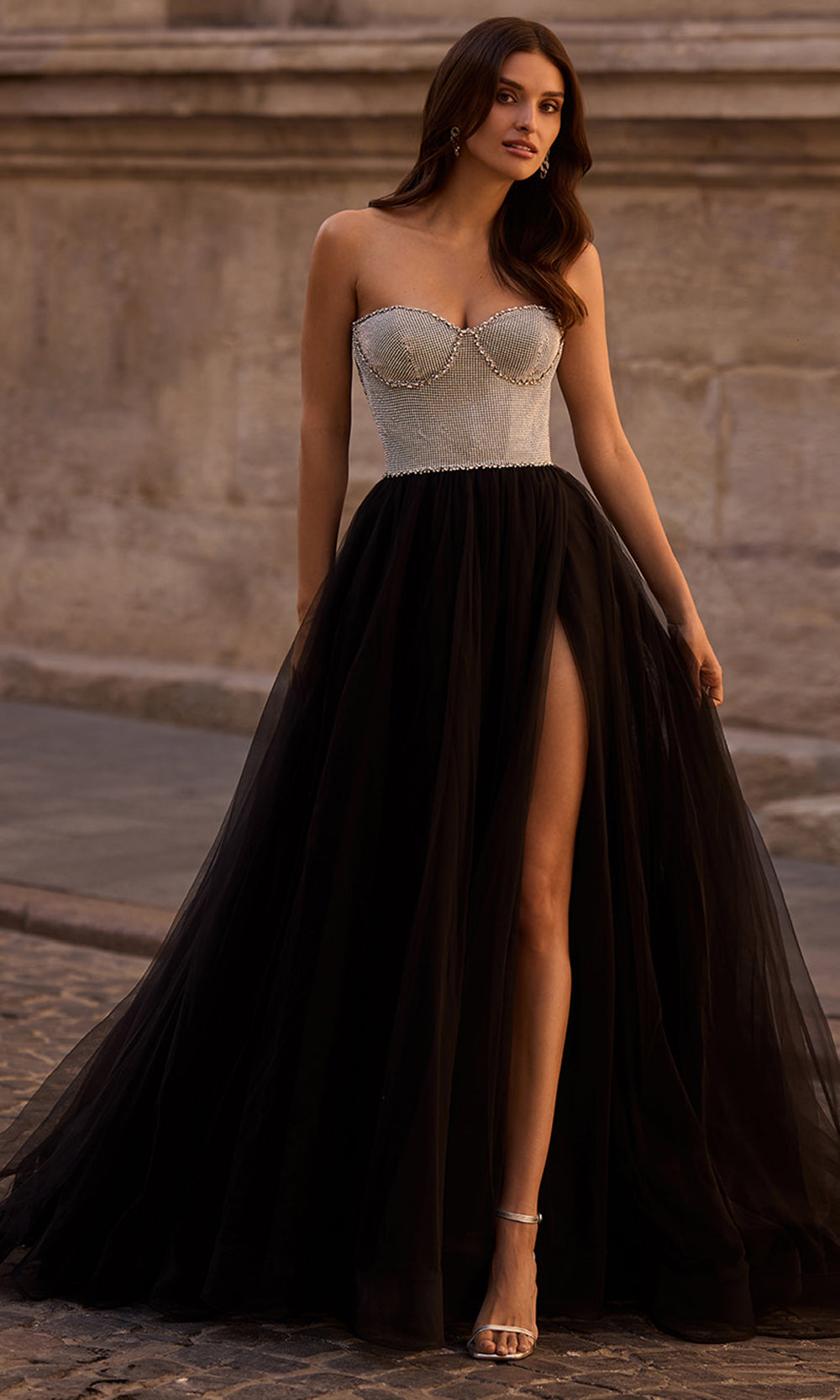 strapless embellished a line dress Black Strapless Embellished A Line Dress