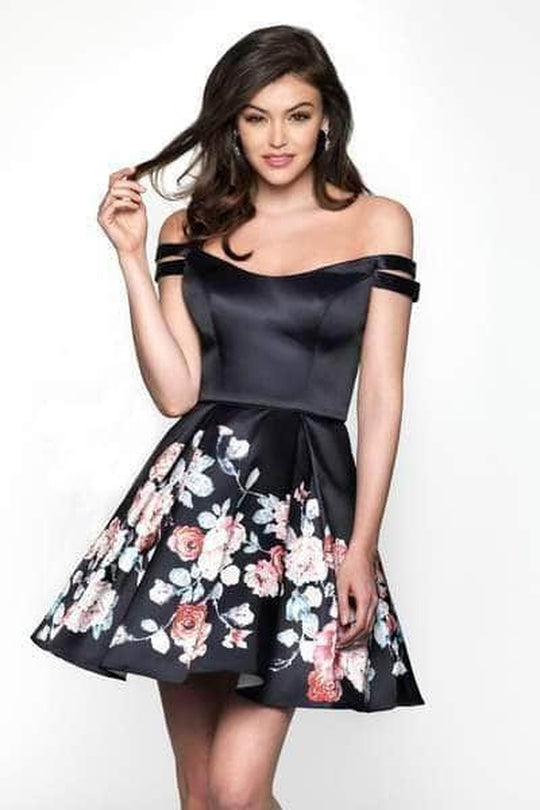Blush 11609 - Floral Printed Off-Shoulder Cocktail Dress
