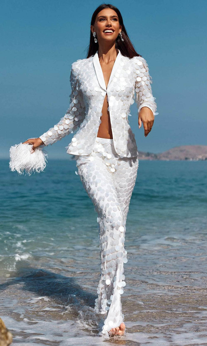 Blush by Alexia Designs 91047 - V-Neck Paillette-Detailed Pantsuit Formal Pantsuits 0 / Diamond White