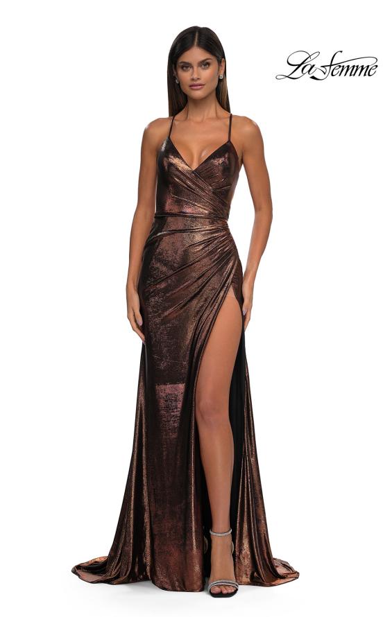 La Femme 32884 - Long Brushed Metallic Sheath Dress - Sleeveless, Faux Wrap, Ruched Details, Spaghetti Straps, Crisscross, Back Zipper Closure, Lace-Up Back, Slit, Train, Couture Candy La Femme 32884 - Long Brushed Metallic Sheath Dress - Sleeveless, Faux Wrap, Ruched Details, Spaghetti Straps, Crisscross, Back Zipper Closure, Lace-Up Back, Slit, Train, Couture Candy