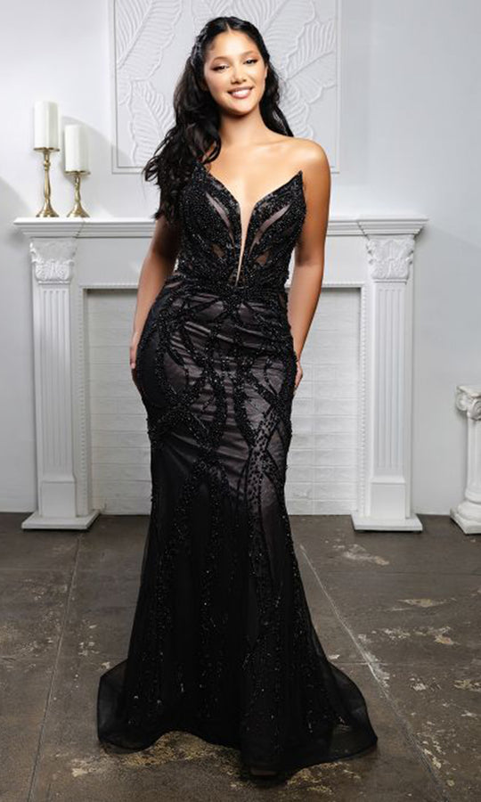 May Queen RQ8211 - Plunging V-Neck Geometric Beaded Prom Gown