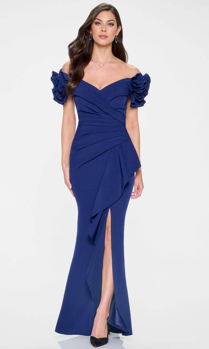 Cameron Blake CB209 - Long Stretch Crepe, Stretch Lining Sheath Dress - 3D Floral Appliques, Short Sleeves, High Slit, Asymmetrical Pleated Bodice 4 /