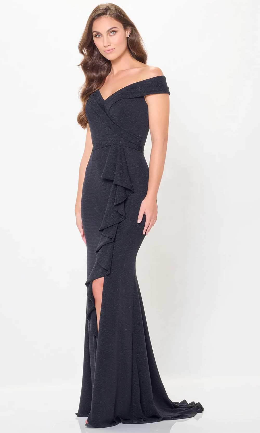 Cameron Blake CB3236 Formal Slit Long Ruffle Pleated Evening Dress - Black / S Cameron Blake CB3236 Formal Slit Long Ruffle Pleated Evening Dress - Black / S