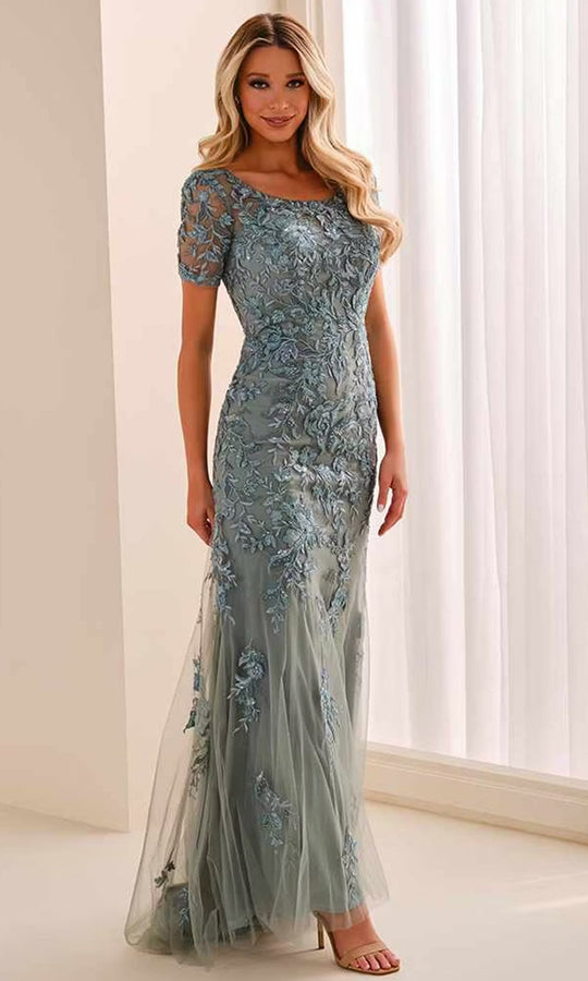 Cameron Blake CB450 - Embroidered Illusion Short Sleeve Formal Dress